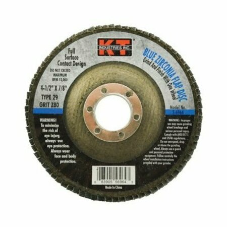 K-T INDUSTRIES Flap Disc, 4-1/2 in Dia, 7/8 in Arbor, 80 Grit, Zirconium Abrasive 5-6964
